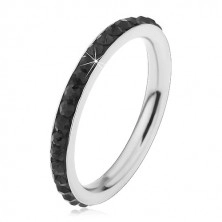 Steel ring of silver colour, glossy black zircons