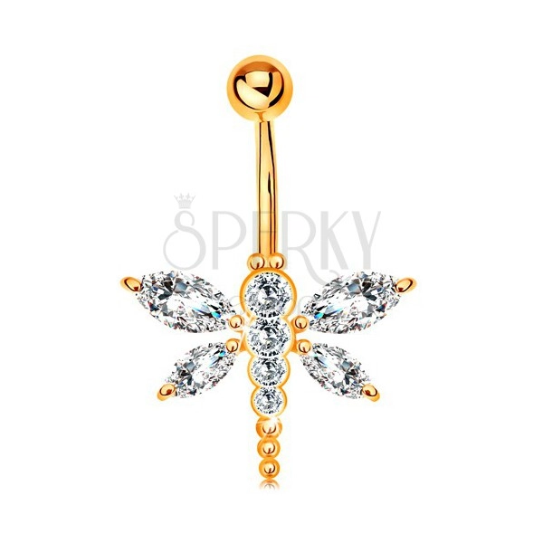 Piercing for belly made of yellow 14K gold - clear zircon dragonfly, banana with ball