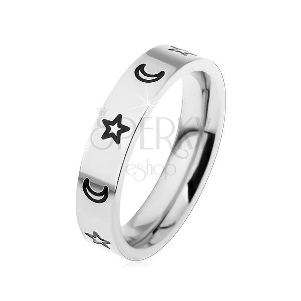 Children's ring made of surgical steel, engraved contours of stars and moons