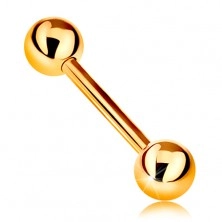 14K gold piercing - shiny barbell with two shiny balls, yellow gold, 12 mm