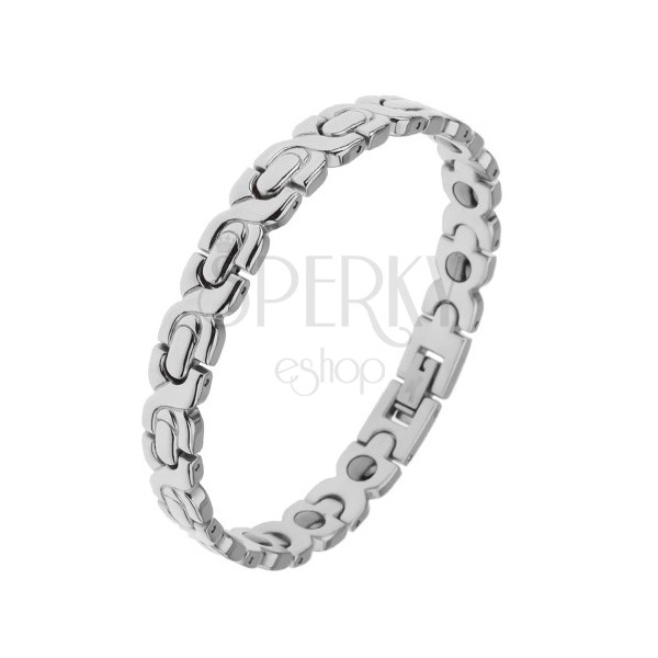Rhodium plated bracelet made of 316L steel in silver colour, X-links and ovals, magnetic