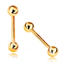 Piercing made of yellow 9K gold - barbell with two shiny balls, 18 mm