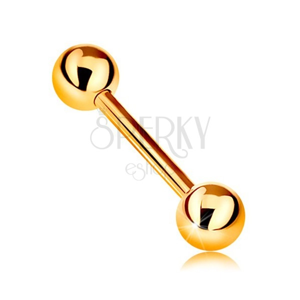 9K gold piercing - shiny barbell with two shiny balls, yellow gold, 12 mm