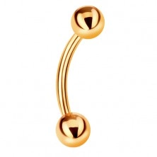 Piercing made of yellow 9K gold - two shiny smooth balls, bent barbell, 12 mm