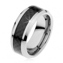 Tungsten band in silver colour, middle strip made of black fibres, 8 mm