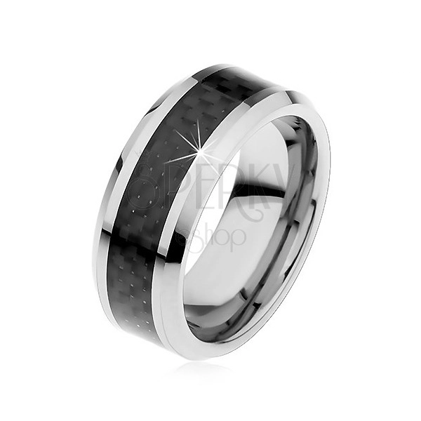 Tungsten band in silver colour, middle strip made of black fibres, 8 mm
