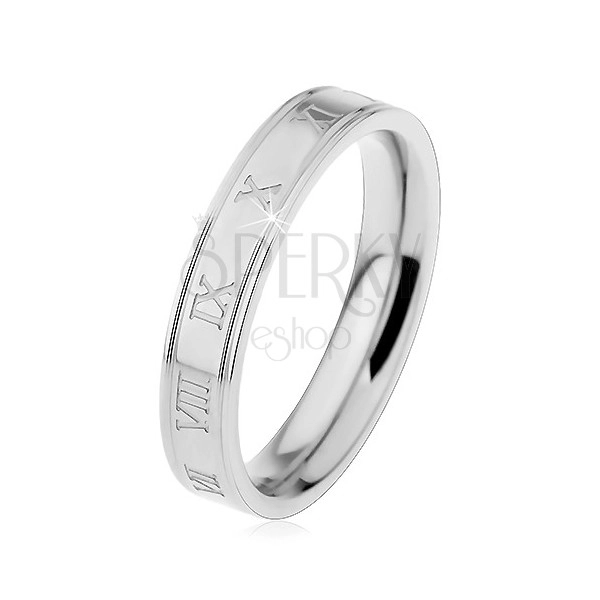Ring made of surgical steel, engraved Roman numerals, lengthwise notches, 4 mm