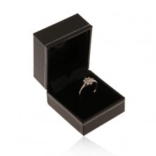 Black synthetic leather box for ring, thin border in silver hue