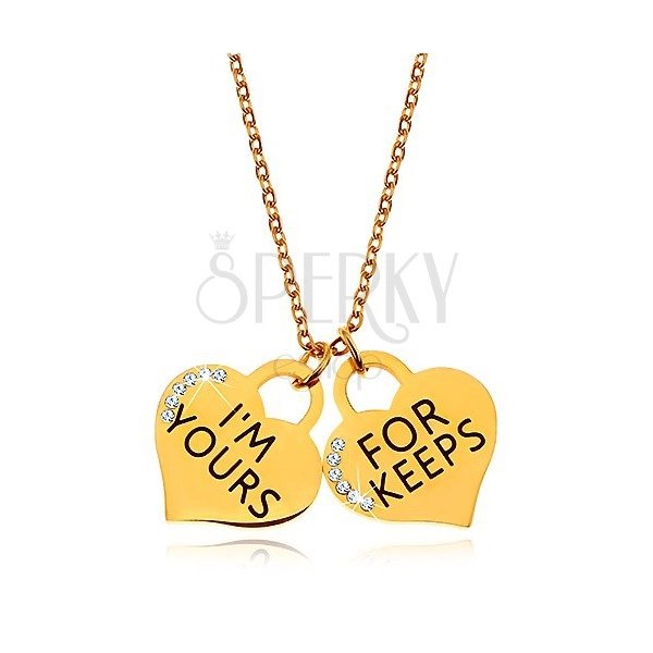 Steel necklace in gold colour, two heart-shaped pendants with inscriptions and zircons