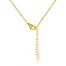 Steel necklace in gold colour, two heart-shaped pendants with inscriptions and zircons