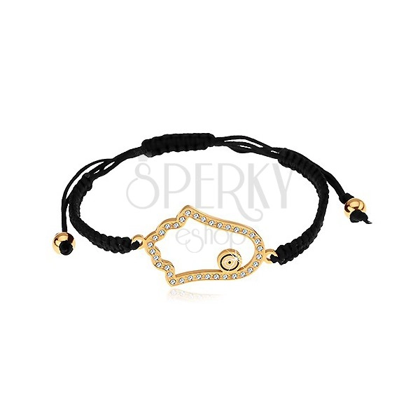 String bracelet for wrist in black colour, zircon contour of Fatima's hand