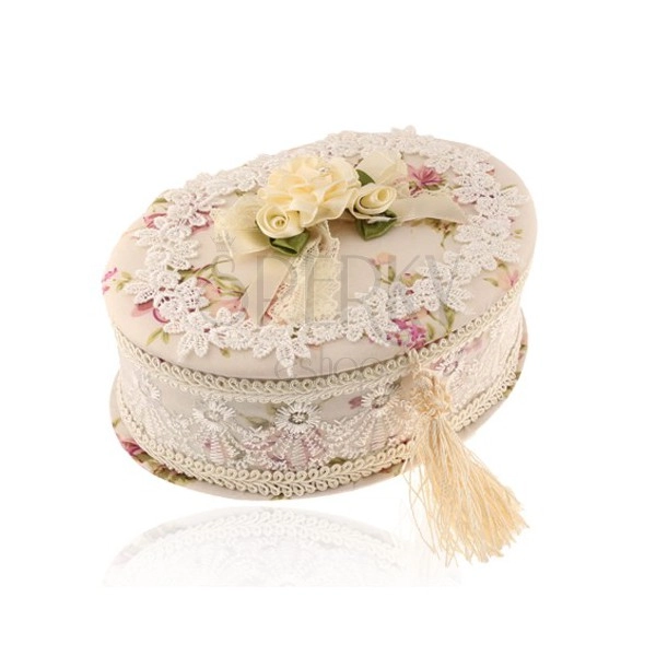 Oval beige jewelry box with bouquet of flowers and bow, flowery imprint