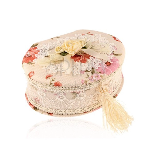 Oval jewelry box in beige colour with bouquet of flowers and bow, coloured flowers