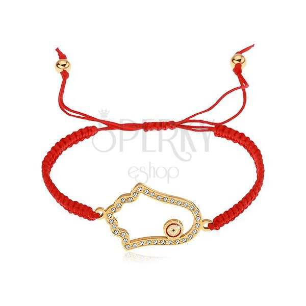 Braided adjustable bracelet in red colour, Hamsa symbol, clear zircons