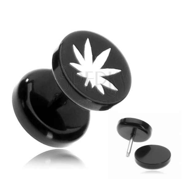 Fake acrylic plug in black colour - white cannabis leaf