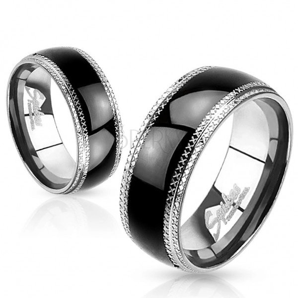 Ring made of 316L steel, notched borders, shiny rounded black strip, 8 mm