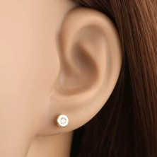 585 gold earrings - shiny circle with embedded cut zircon in clear colour