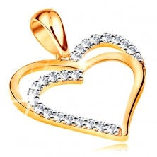 Pendant made of yellow 14K gold - double heart contour, line of clear zircons