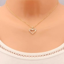 Pendant made of yellow 14K gold - double heart contour, line of clear zircons