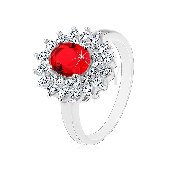 925 silver ring with red oval zircon and clear zircons, rhodium plated