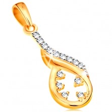 585 gold pendant - asymmetric teardrop contour, wave made of white gold, clear zircons