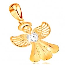 Bicoloured pendant made of 14K gold - shiny angel with filigree wings and heart