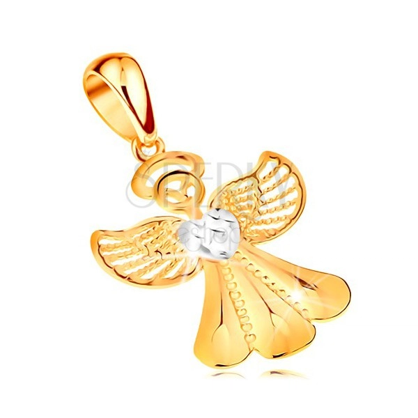 Bicoloured pendant made of 14K gold - shiny angel with filigree wings and heart