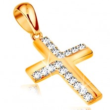585 gold pendant - Latin cross adorned with lines of zircons in clear colour