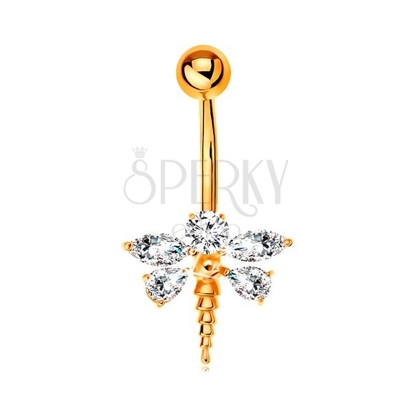 Bellybutton piercing made of yellow 9K gold - dragonfly with zircon wings in clear colour