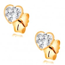 Stud earrings made of yellow 14K gold - heart inlaid with Swarovski crystals