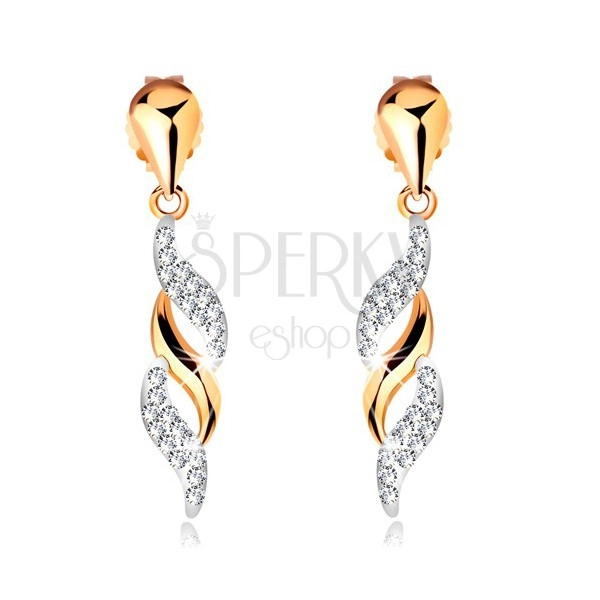 585 gold earrings - glossy waves dangling on shiny drop, Swarovski crystals