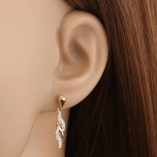 585 gold earrings - glossy waves dangling on shiny drop, Swarovski crystals