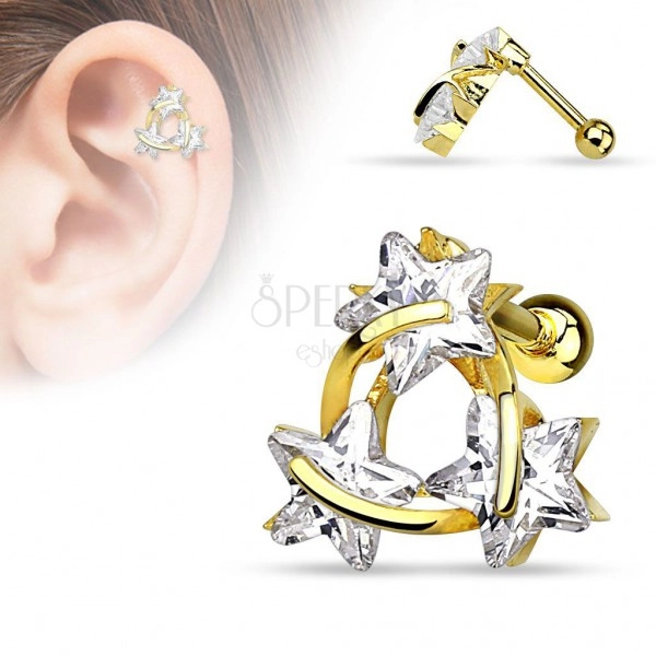 Piercing for tragus made of surgical steel, triangle composed of clear stars