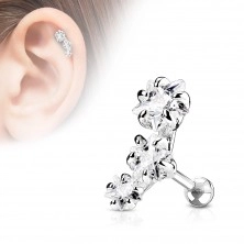 Steel piercing for ear tragus, arc composed of three zircon stars