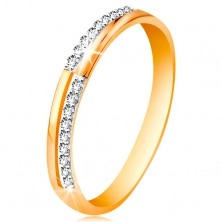 Ring made of 585 gold - narrow lines made of clear glossy zircons, shiny shoulders