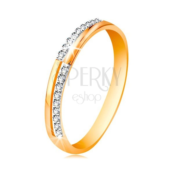 Ring made of 585 gold - narrow lines made of clear glossy zircons, shiny shoulders