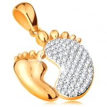 Pendant made of 14K gold - two feet - smooth smaller and bigger with zircons