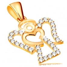 Pendant made of yellow 14K gold - zircon angel contour, shiny heart