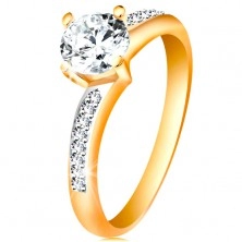 Ring made of 14K gold - sparkly round zircon in clear colour, zircon shoulders