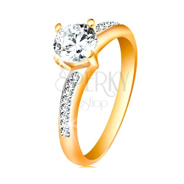 Ring made of 14K gold - sparkly round zircon in clear colour, zircon shoulders