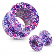 Ear tunnel made of 316L steel, spattered with violet, pink, blue and white colour