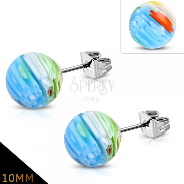 Earrings made of surgical steel, coloured glass balls with floral pattern