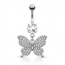Steel bellybutton piercing in silver colour, glossy butterfly, clear zircons