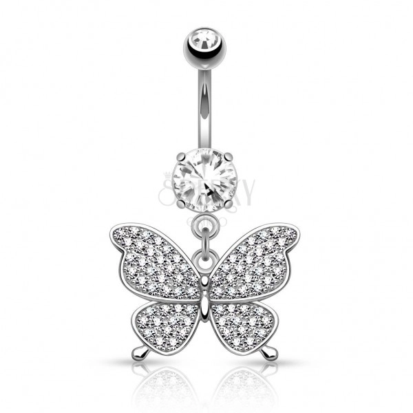 Steel bellybutton piercing in silver colour, glossy butterfly, clear zircons