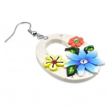 Dangling FIMO earrings, big white ovals with flowers and cutout, hooks