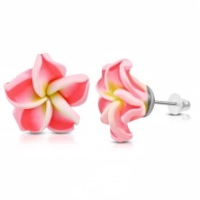 FIMO earrings, flower with yellow centre and neon pink petals