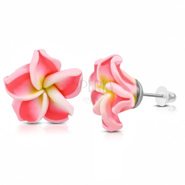 FIMO earrings, flower with yellow centre and neon pink petals