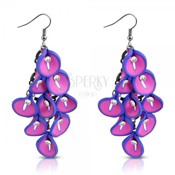 FIMO earrings - cluster of pink-violet Calla flowers, clear zircons in the middle