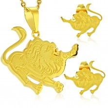 Steel set in gold colour, earrings and pendant, zodiac sign LEO