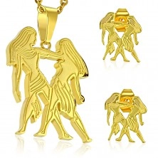 Set made of surgical steel in gold hue, pendant and earrings, zodiac sign GEMINI